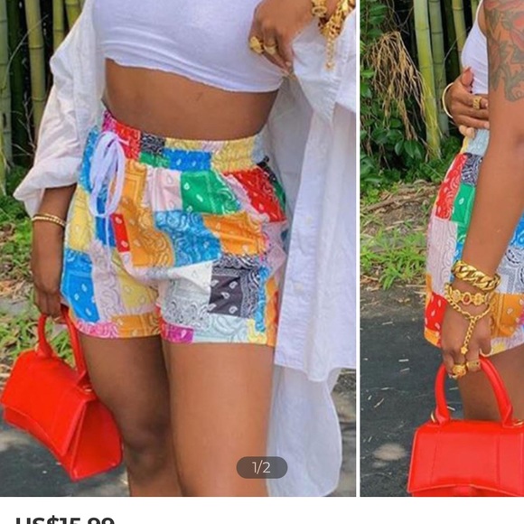 High Waist Paisley Conventional Yellow Paisley Print Shorts - Picture 2 of 2